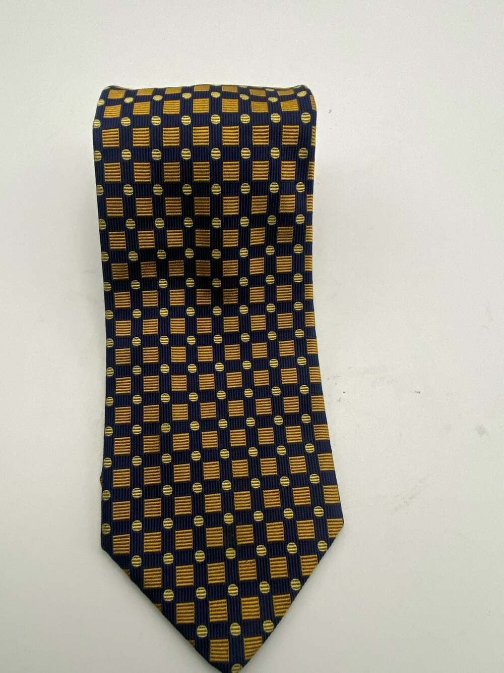 Brooks Brothers Silk Necktie Blue Gold Geometric Polka Dot Makers
